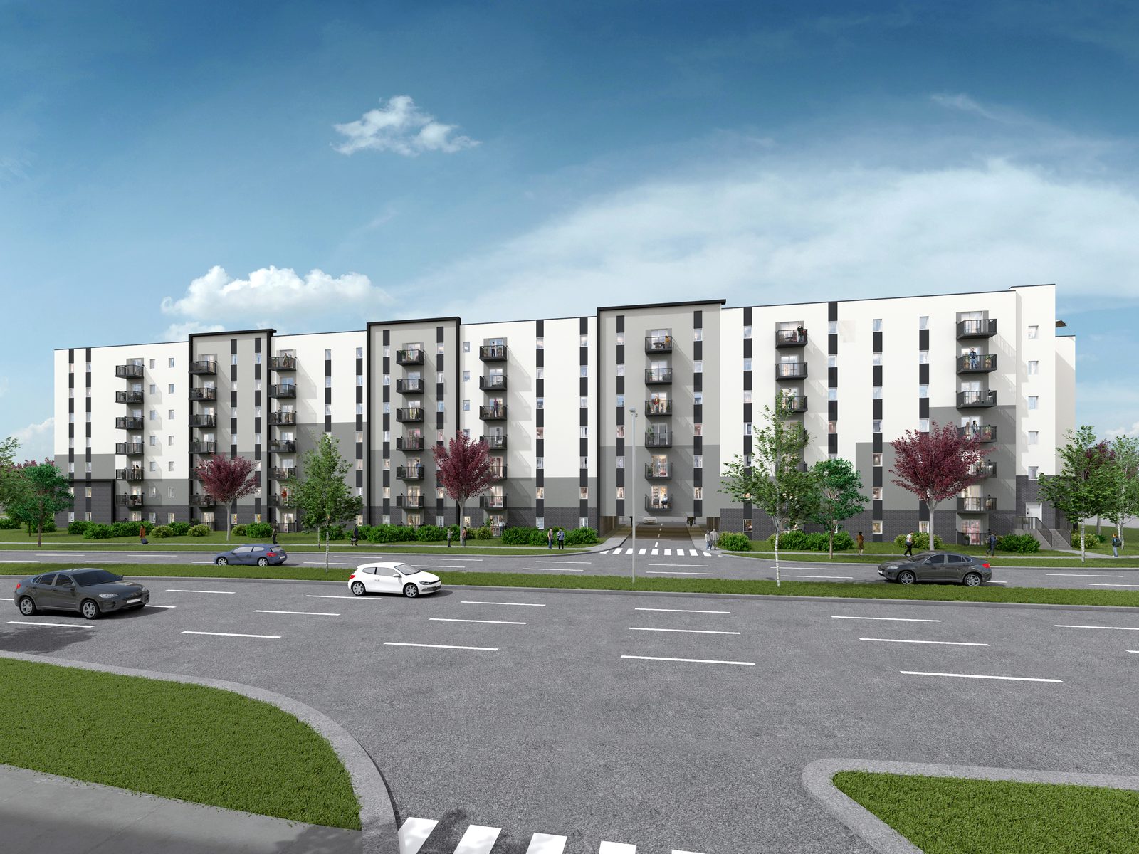 Head-on rendering of the Sterling Lyon Parkway frontage of Tuxedo Heights East, seven storeys of homes with walk-out balconies above a dark brick base