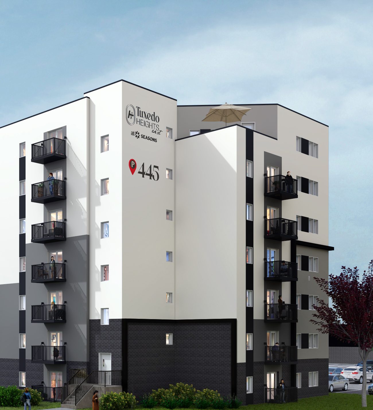 Rendering of Tuxedo Heights East, the whole seven storey building from the parkade level to the rooftop patio